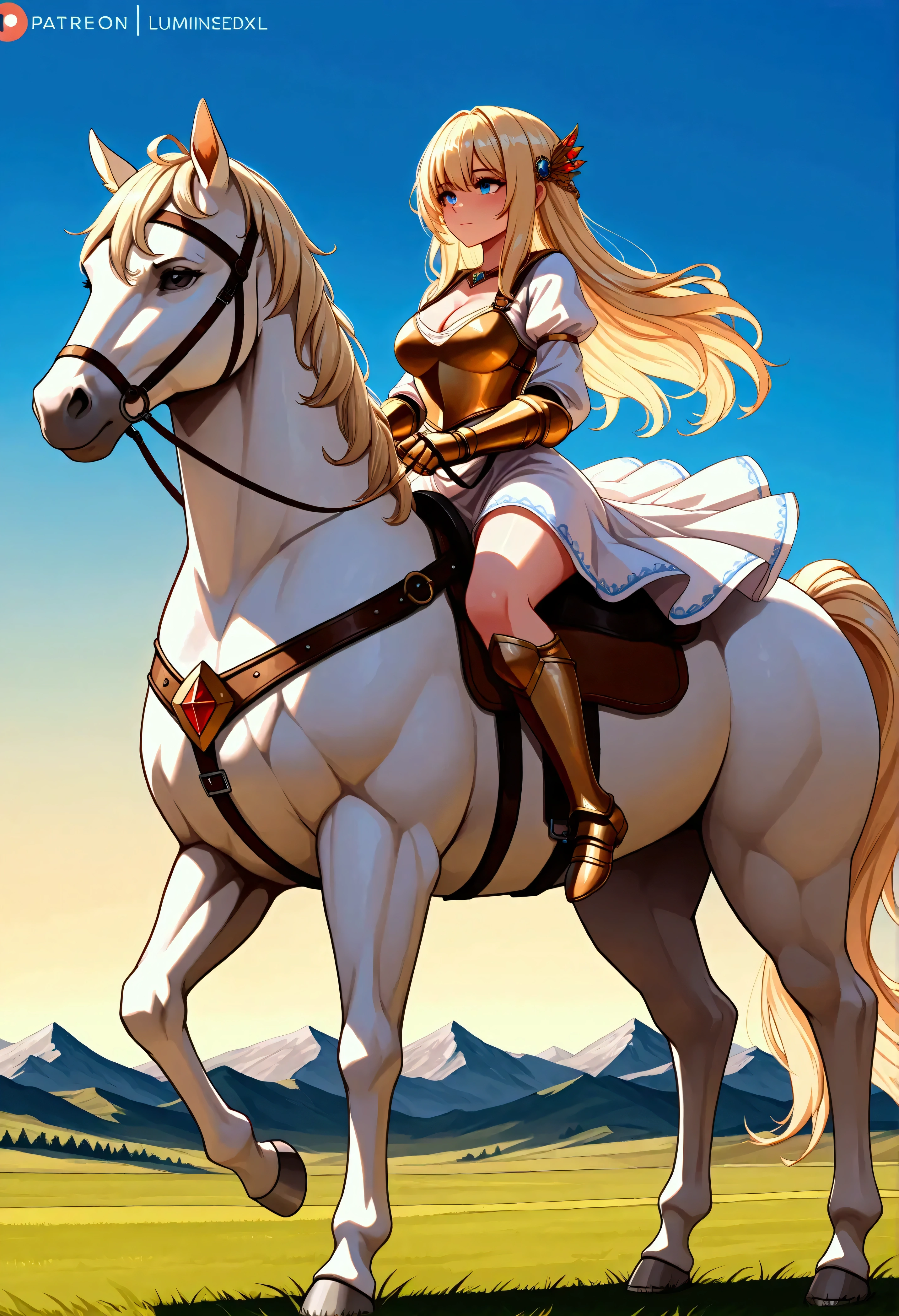 ((best quality)), ((anime masterpiece)), (high detailed), 8k, cinematic lighting, perfect face, perfect hand, riding, horse, (((a young woman wearing in adventurer clothes watching a blue sky while riding on a WHITE HORSE)), ([lumineSDXL, blonde hair, hair ornament, cleavage, medium breast]), (white dress, breastplate, cleavage, gauntlet, bare legs, greaves, )), BREAK, ([white horse, saddle, reins, bridle, standing]), solo, (on the grassland, mountainside, fantasy settings:1), both hand holding rein, from side: 1, anatomically correct