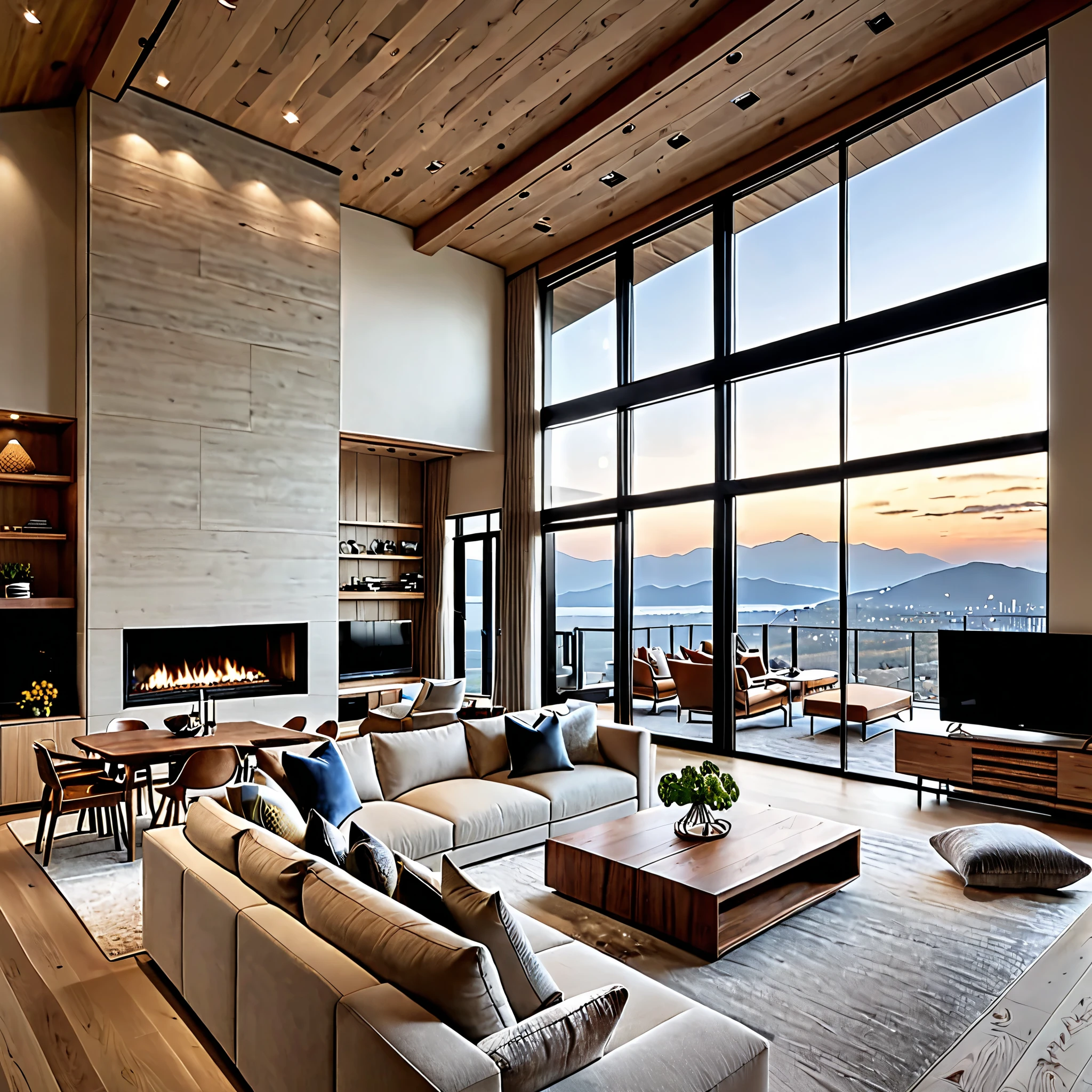 with 、Large glass windows with night views、Modern wooden furniture、A large fireplace is fitted to the wall。The decor is minimalistic、Natural wood tones and soft textiles are emphasised、The open-plan dining and kitchen areas are seamlessly connected。The interior design combines a luxurious American style with modern aesthetics。 A TV is located near the fireplace。Very realistic and of the highest quality