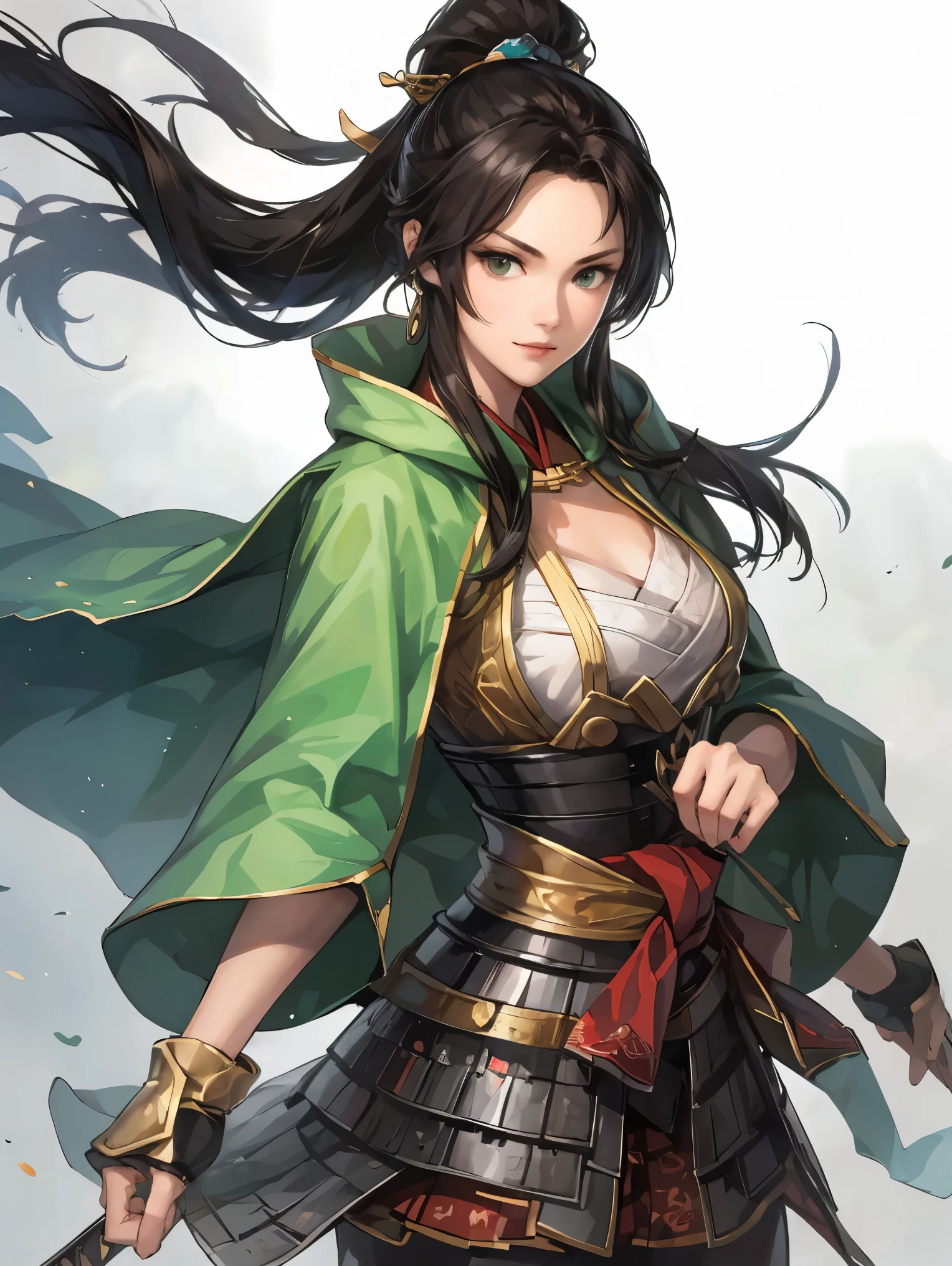 beautiful woman with dark hair :1.3, Stunning Character Art , Hanfu,(( pure white background)), ( top quality), handsome,Beautiful female knight, 2. 5D CGI fantasy artwork, detailed digital art , Very nice work of art, fan Art Best Art Station, ( green cloak ),(warrior:1.2) are expressionless, accurately drawn hands 、 I'm putting my hands on my lower back, facing forward、Chinese Armor,From the waist up、One woman、 Faint Smile 、White space above the head,masterpiece, Perfect picture, Realistic Drawing , The chest part of the armor is wide open 、 Her Breasts Are Exposed 、