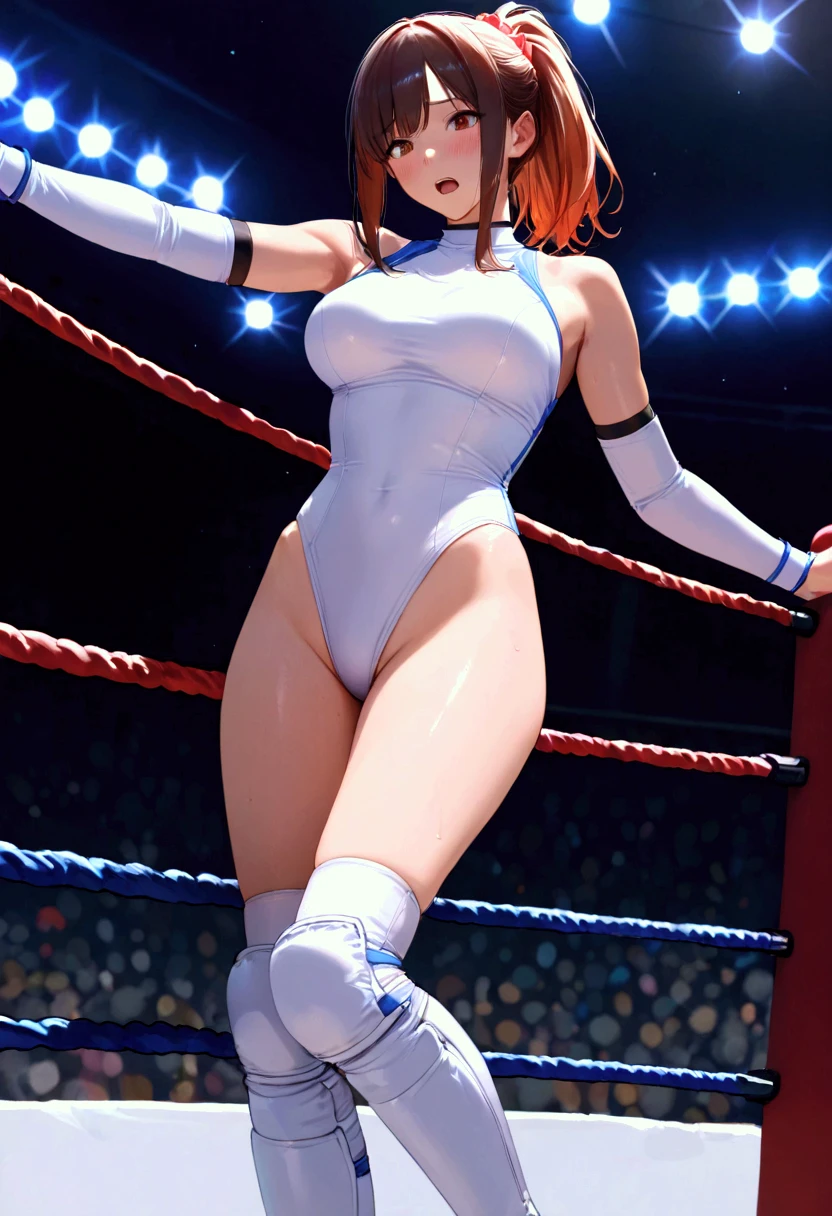 ((((masterpiece)))), ((  unity 8k wallpaper ,  Photorealistic  )), ((  detailed face  )),  Female Pro Wrestler with Floating Legs,Nakano Tamu,Frightened face,, Ponytail, scrunchies, pure white leotard ,Elbow guard,  leg protector  ,  pro wrestling 3 ropes are strung on all sides,You are forced to cross the top of 3 ropes that have been restrained and stretched, Floating Legs ,