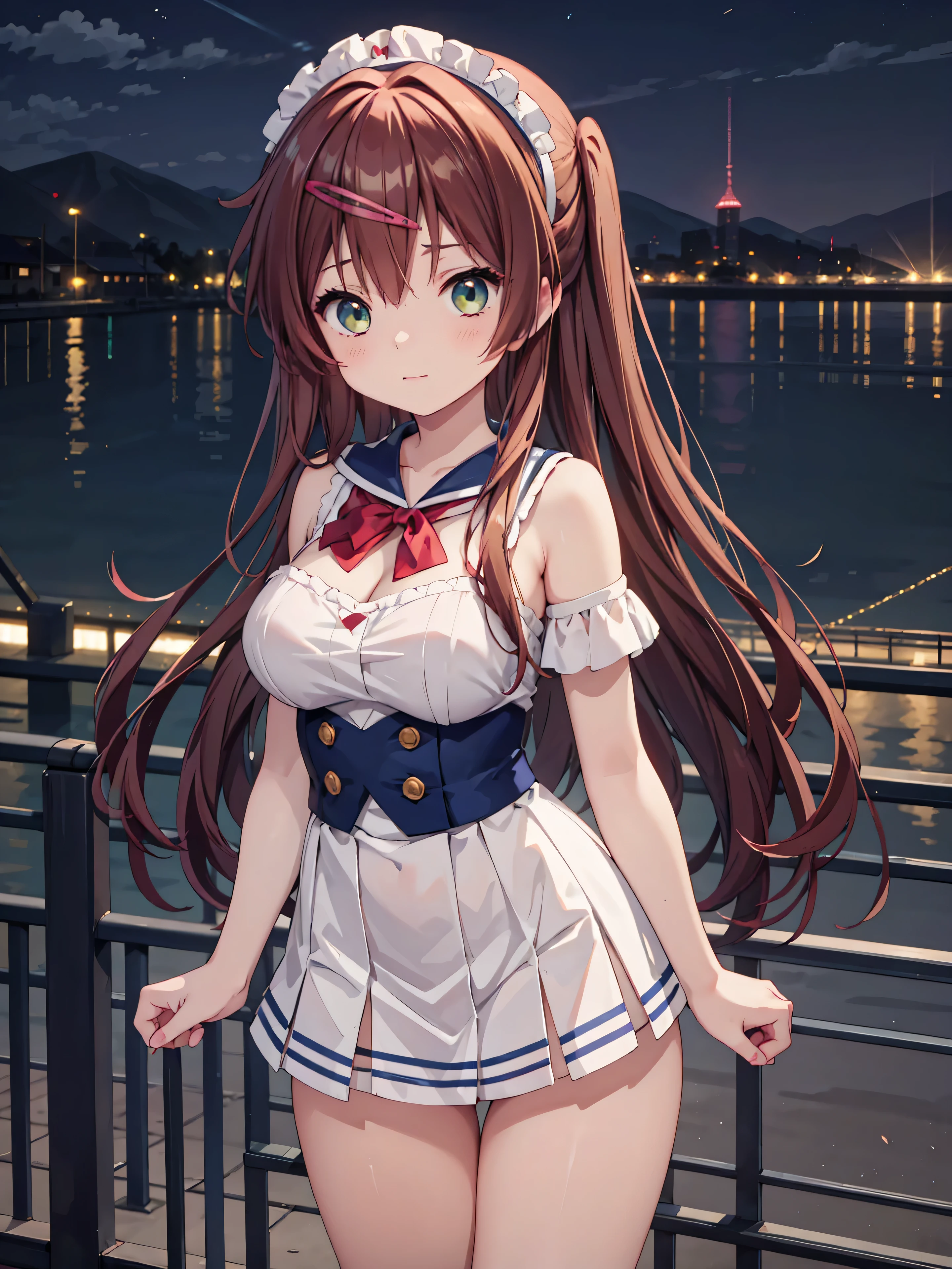 Highly detailed, high quality, masterpiece, beautiful, (all photo shooting), girl student girl, perfect eyes, green eyes, light eyes, blushing face, happy face, big thighs, medium breast, long hair, dark red hair, with headband, bow in hair, wearing blue sailor suit, white short mini skirt, sexy, full panties show, background image on a pedestrian bridge at night