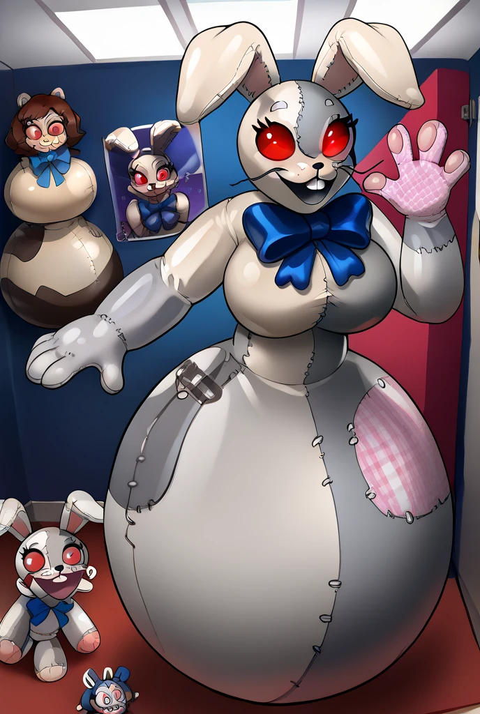 1girl, solo, Bopper, wobble doll, score_9,score_8_up,score_7_up,score_6_up,source_anime,rating_questionable, vanny_fnaf, rabbit costume, rabbit ears, red eyes, blue bow, furry, stitches, smile, indoors, inflatable, bondage inflatable arm, massive spherical shiny mass where the legs should be, puffy arms, vinyl, printed on face , wobble doll, latex skin, stylized, ball bottom, no legs, no hands, inflatable toy,