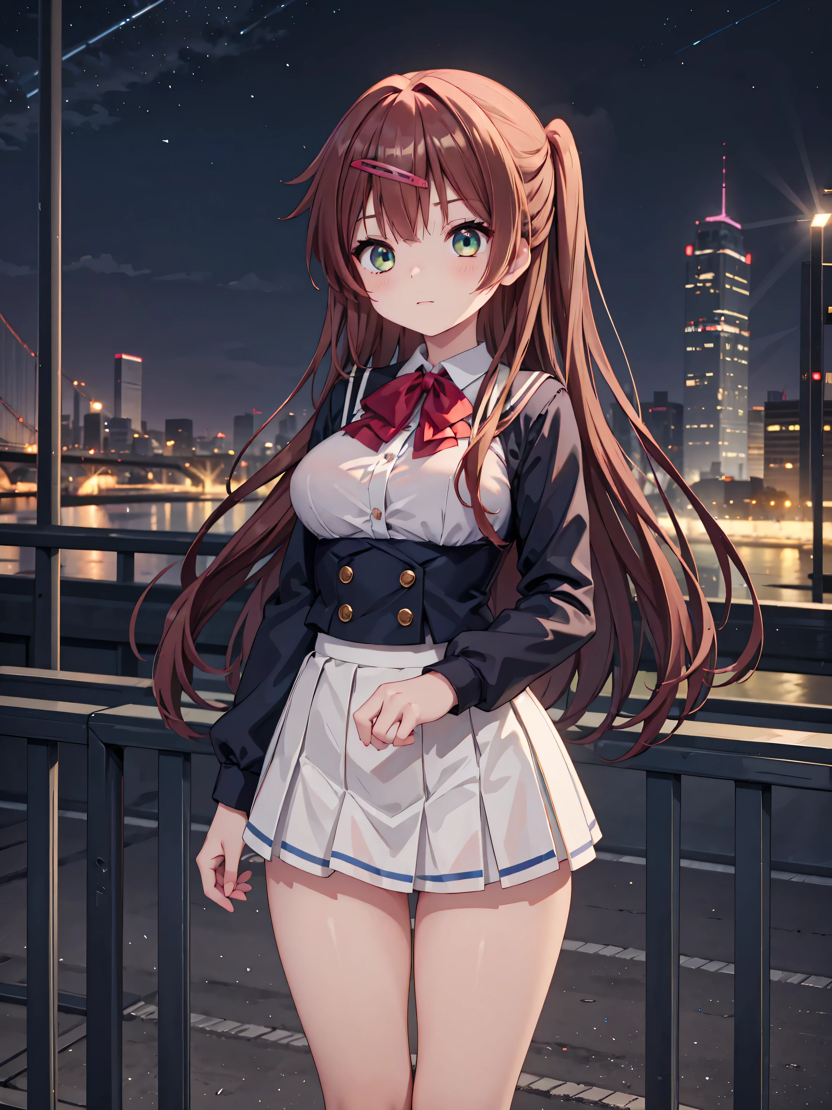 Highly detailed, high quality, masterpiece, beautiful, (all photo shooting), girl student girl, perfect eyes, green eyes, light eyes, blushing face, happy face, big thighs, medium breast, long hair, dark red hair, with headband, bow in hair, wearing blue sailor suit, white short mini skirt, sexy, full panties show, background image on a pedestrian bridge at night