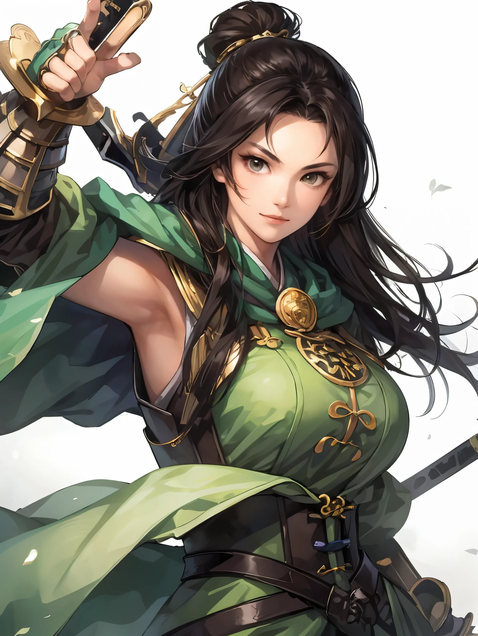 beautiful woman with dark hair :1.3, Stunning Character Art , Hanfu,(( pure white background)), ( top quality), handsome,Beautiful female knight, 2. 5D CGI fantasy artwork, detailed digital art , Very nice work of art, fan Art Best Art Station, ( green cloak ),(warrior:1.2) are expressionless, accurately drawn hands 、 I'm putting my hands on my lower back, facing forward、Chinese Armor,From the waist up、One woman、 Faint Smile 、White space above the head,masterpiece, Perfect picture, Realistic Drawing , The chest part of the armor is wide open 、 Her Breasts Are Exposed 、