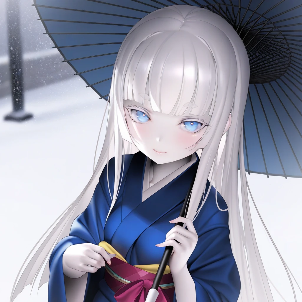 kaede (sayappa); pefect hands; 1girl; albino; very white skin; very pale skin; very thin girl; ite girl; very small breasts; white hair; straight hair; long hair; hime cut; white eyebrows; light blue eyes; calm expression; kimono; streat lights; evening; evening street; snow; snowing; holding an umbrella, standing close to the viewer; pov; watching at viewer;