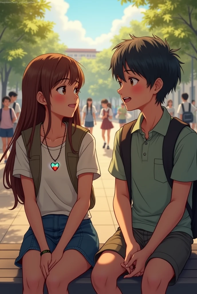 "A teenage girl sits on a school bench outdoors, her glass heart locket glowing faintly in the sunlight. Beside her, a kind-looking classmate talks animatedly, their expressions hinting at a budding friendship. The background shows a lively schoolyard with students walking and chatting, but the focus remains on the two figures, emphasizing connection and hope."