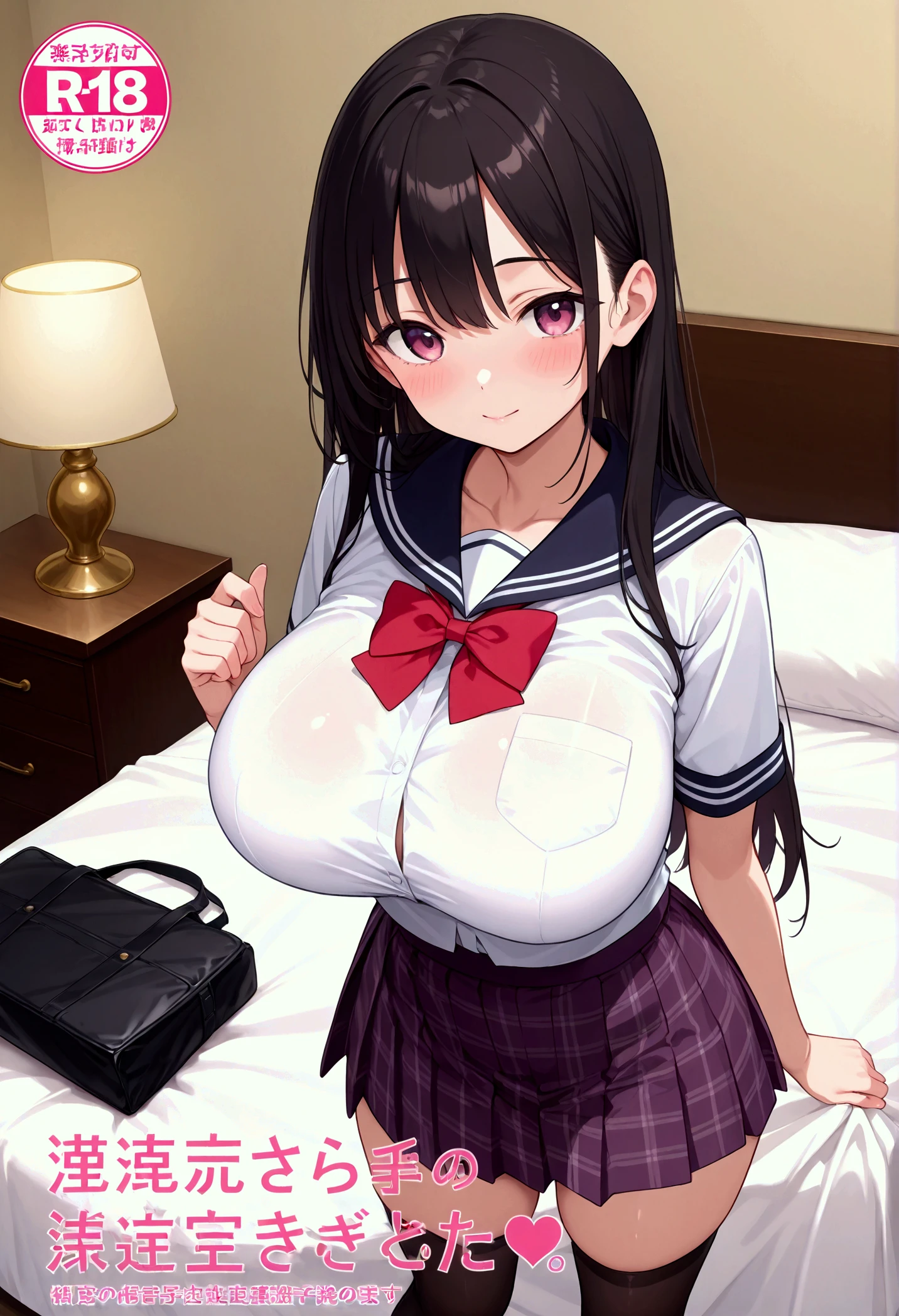 The image is the cover of a JAV Pornography. It features an Asian young lady from school with long, straight hair, wearing a sailor uniform. Her blouse is white with a red bow tie, and she has huge breasts. She is seated on a bed, legs apart, with a plaid skirt. She wears black knee-high socks. The background shows a lovely hotel room with a bed with a pink cover, a headboard with a striped pattern, and a bag on the bed. The room has a concrete floor.