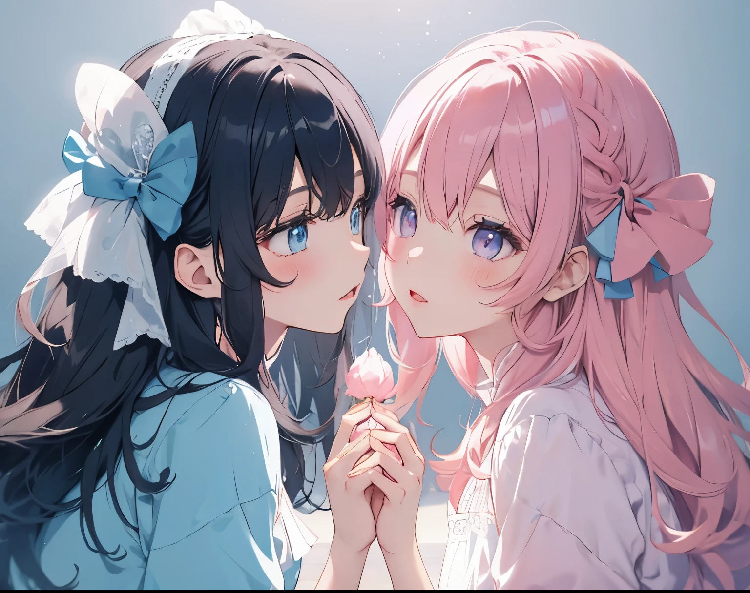 2 girls with light makeup、 pink and light blue