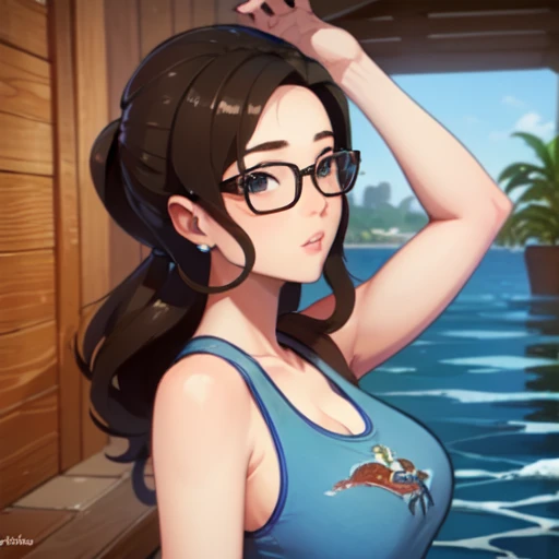 (Masterpiece: 1.0), Best quality, 1girl, large breasts, tank top, side locks, detailed face, glasses, cetus,coda,ocean, oil painting