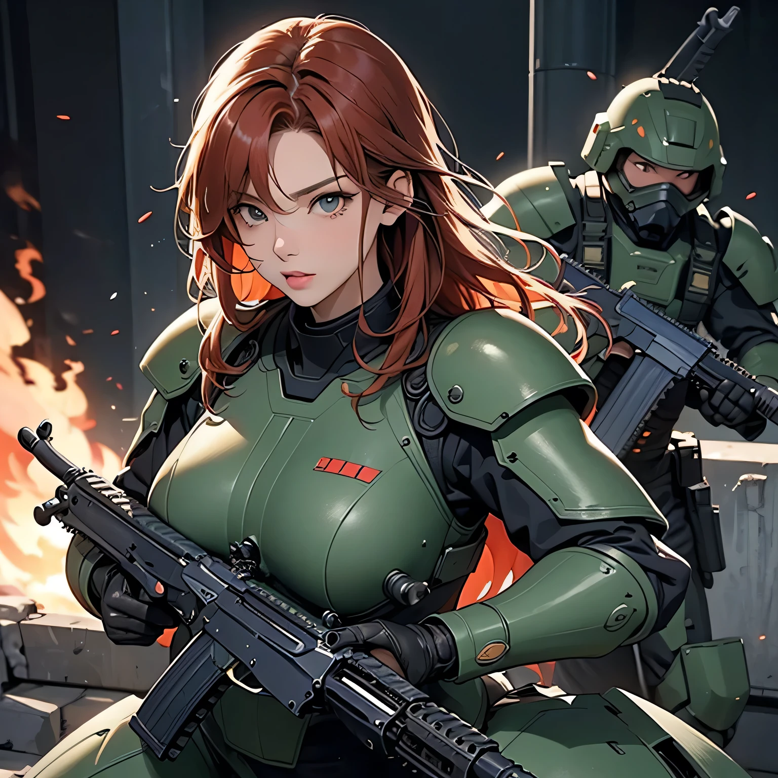 Outrageous resolution、masutepiece++, Best Quality++, ultra-definition++, ultra-definition++, 4K++, in 8K++, Side view, (Background Focus)++, Extremely detailed, Muscular wild big with clearly visible abs and muscles, (Bleeding)++, (Exploding battlefield),（Colossal breasts soldier in green and brown camouflage suit), （（（Wrap dynamite and grenades all over the body）））+++、(Evil), (shiny hair and skin),（Green camouflage suit), short-haired,(Red Eyes), (Asahi), (camouflage uniform)+, ((Muscle Soldier)) +++, Evil, ((Beautiful)), ,Explode on the battlefield,perpetrator, ragged clothes, evil eyes, western architecture, Dark tones, fantasy-inspired, hard disk, Best Quality, game, Wallpaper, dark environment,Belt bag, (battle posture), Lively, cleanshaven, Tight abs, Tomomo with tense muscles, Evil smile, Perfect eyes, Pupils, Perfect hands, Bloody Body, Wild tattoo, Evil atmosphere, (wet effect)+, (light effect), (Cinematic Light)+, (Light cinematic)+