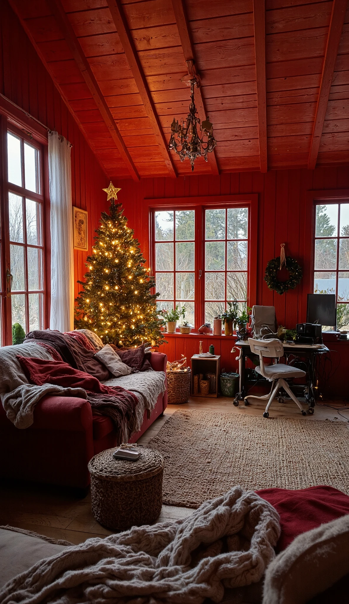 a photo of a red Swedish wooden house interior, hygge, Christmas time, cozy, fairylights, modern interior, knitted blanket