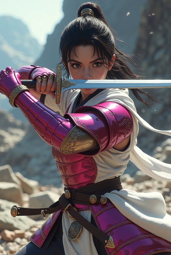 A japanese female knight, dark brown eyes, dark brown choppy curly bangs hairstyles, menacing face, magenta color armor adorned with jewelry, sword-swinging pose, white robes, conquered fortress background.