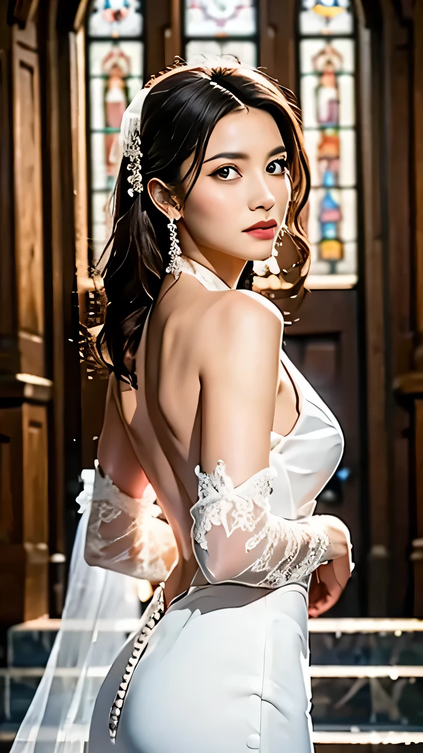 finest image, detailed, delicate, flashy and dynamic depiction, blindfolded with a black cloth, beautiful woman, amorous expression, lewd expression, sexy lips half open, full makeup, kneeling, (wearing a thin white rope and cloth:1.2), large breasts, slender, perfect proportion, beautiful glossy brown hair, forehead, background Ruined church with stained glass, scattered dust, professional lighting