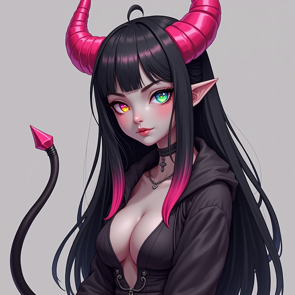 high, long black hair with pink tips below the shoulders , rainbow-colored eyes , a long thin elastic tail flexible and resistant , and with a pimp robe , skin color gray, pink hair tips and pink horns and with a sexy smile and pointed ears realistic style looks like an adult.