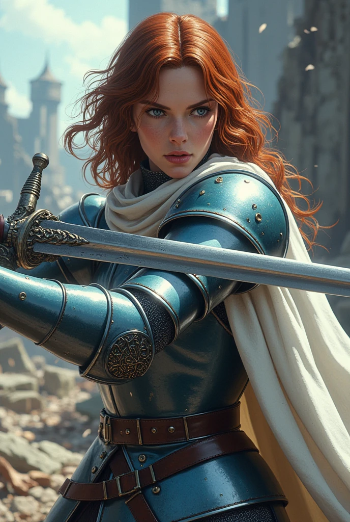 A british female knight, light blue eyes, auburn choppy curly bangs hairstyles, menacing face, blue color armor adorned with jewelry, sword-swinging pose, white robes, conquered fortress background.