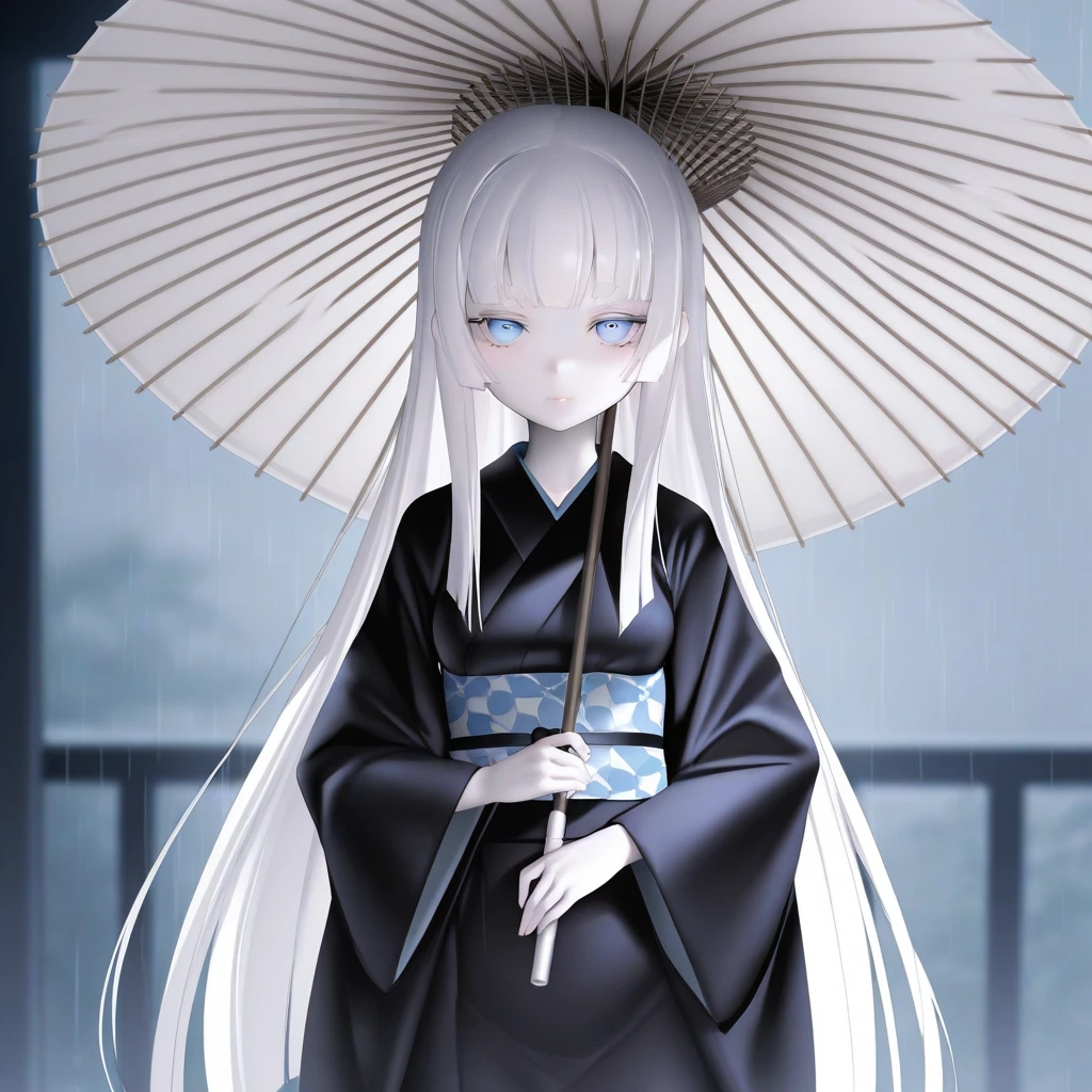 kaede (sayappa); pefect hands; 1girl; albino; very white skin; very pale skin; very thin girl; petite girl; very small breasts; white hair; straight hair; long hair; hime cut; white eyebrows; light blue eyes; emotionless; kimono; streat lights; evening; evening street; rain; raining; holding an umbrella, standing close to the viewer; pov; watching at viewer;