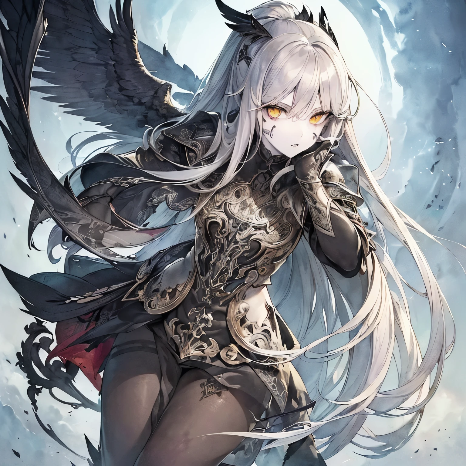 (Masterpiece, top quality), (fine hair), super detailed, anime style, solo, full body, whole body, cyberpunk gang lady, massive, white with yellow mixed with very short hair, gold eyes, right hand converted into a cybernetic claw called the talon of Horus. Left hand is a bare fist, fanged mask, black formal suits with gold trim, wolf fur long coat, long boots, supernatural lightning, white background, full body standing, standing on desolate earth.