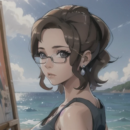 (Masterpiece: 1.0), Best quality, 1girl, large breasts, tank top, side locks, detailed face, glasses, cetus,coda,ocean, oil painting