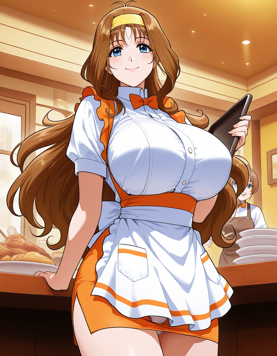  general , high resolution,  ultra detail, VERY ESTHETIC , top quality ,best hands,  break Kokubo_Reika _,  brown hair,  long hair,  blue eyes, huge breasts,  One Girl , Alone,  hair band ,  waitress , bow, smile,   orange apron, break,
  restaurant , room,  happy , showing white panties 