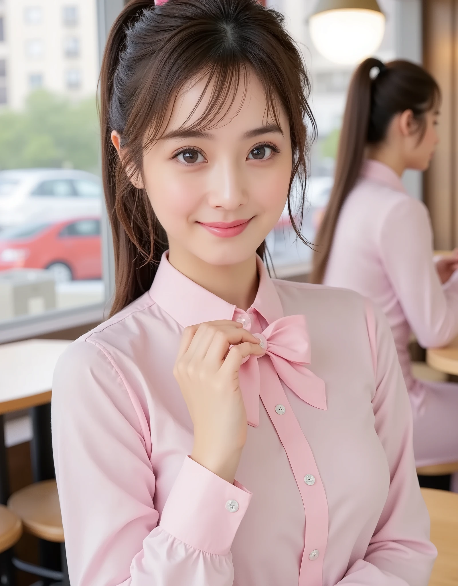 NSFW, (Highest quality), (Ultra-precise CG 16K wallpaper), (Realistic: 1.6), (High saturation), (Sharp), Beautiful detailed shading, Beautiful natural lighting, Beautiful detailed glow, Bright sunlight in the daytime, Natural light, Depth of field, (Mature 24 year old woman, One person: 1.6), (Very beautiful Japanese face), (Sasaki Nozomi), (Soft wavy ponytail hair, bangs: 1.6), (Shiny black hair), (Sparkling eyes), (C cup size breasts, cleavage, slim thighs: 1.6), (Beautiful breasts), (Beautiful legs), (Beautiful skin), Beautiful proportions, (Smile: 1.0), (Looking at me: 1.6), (Wearing a bunny girl costume: 1.6), (Wearing a bow tie), (Fashion model pose: 1.6), (Restaurant), (Full screen image:1.6), (head to thigh shot:1.6), (image of a woman seen from three-quarters front:1.6), (woman standing in a restaurant:1.6),