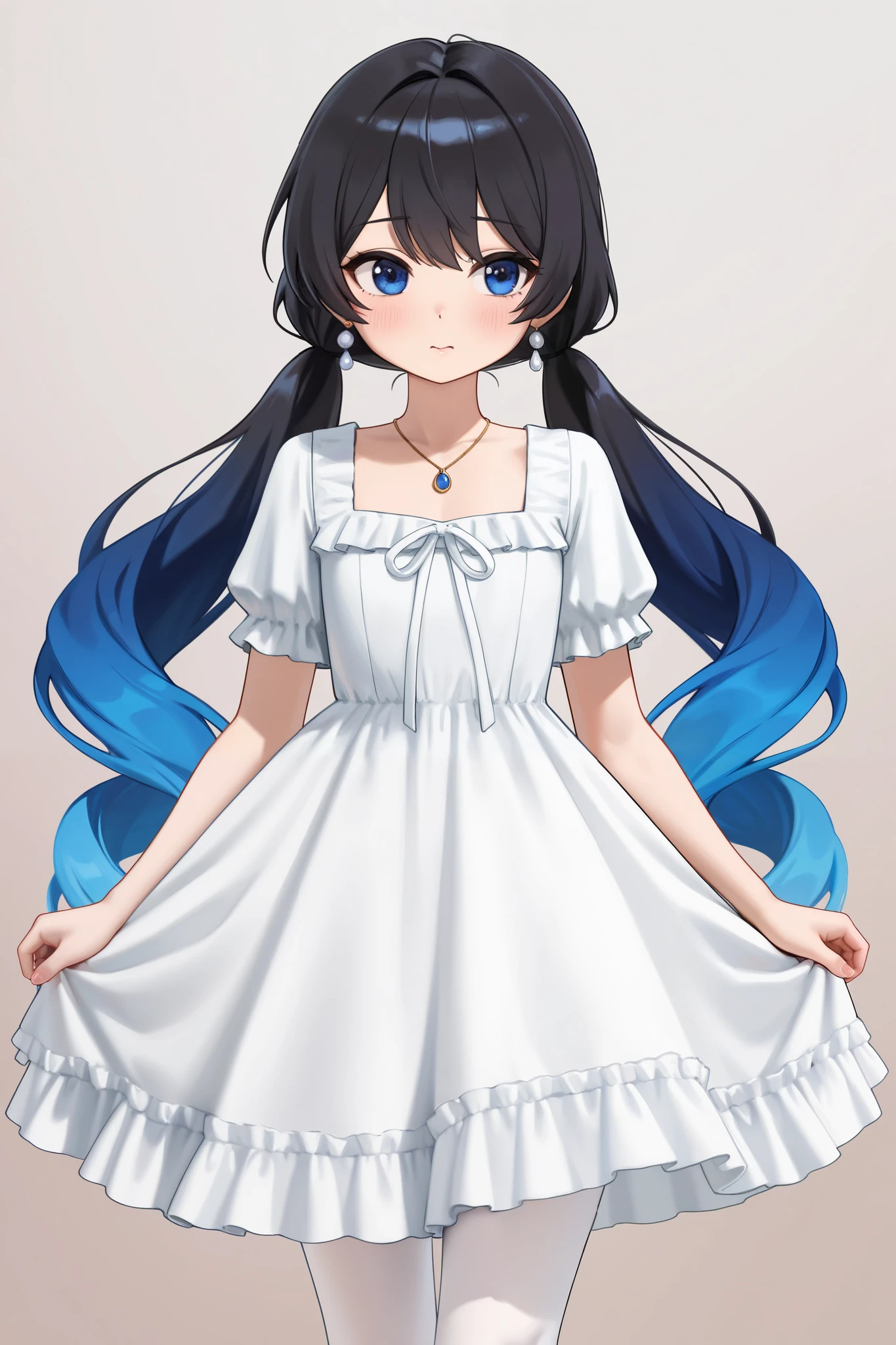 anime girl with long black hair with blue ends, two long low ponytails, white dress with a white and blue ruffled skirt and . the dress has a high neckline and short sleeves. she has a necklace with a pendant and earrings, white tights and is standing, hair is styled in loose waves, gentle face expression, her clothes design is inspired by rhe universe , princess vibes, cute, small frame, small chest