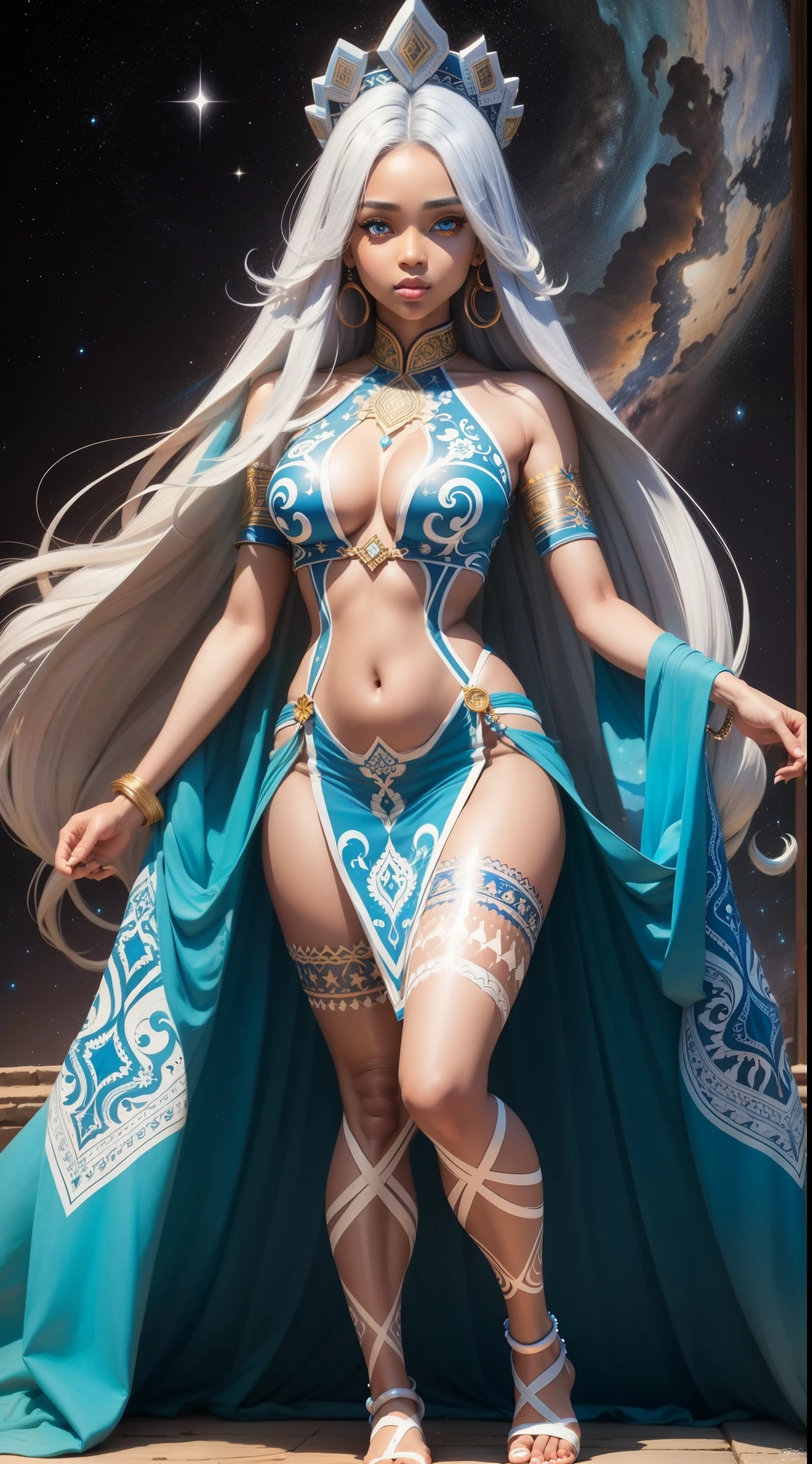Coloring book pages, blue & white, 32K, Full body view, Very beautiful tribal brown skinned girl, Extremely detailed painting on her face and body 、Brightly colored painting , Stunning bright eyes , Gorgeous white hair,With highlights, Magical starry sky background