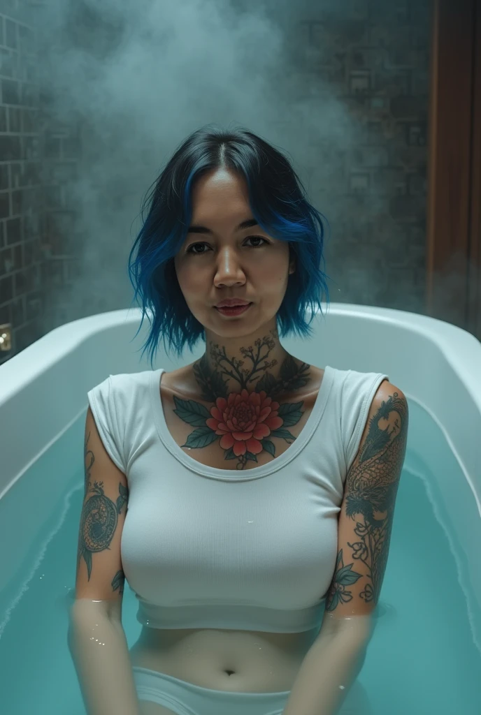 nympho blue haired asian teen as ice cream maker working in a store, tattoed and pierced, wet in milk and honey, vaginal and anal insert dildo