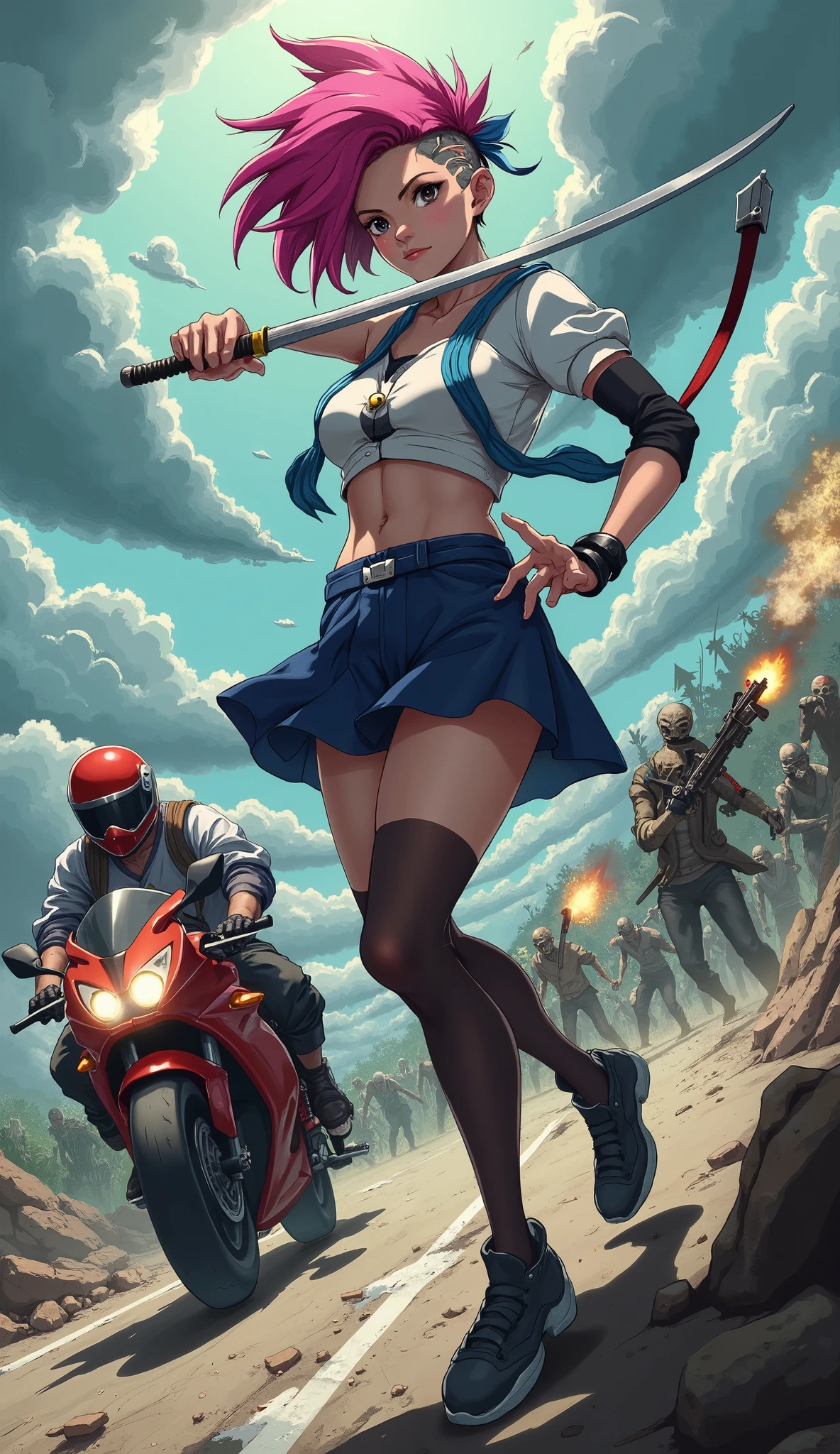  A standing girl holding a katana , pink hair,  white blouse and short Japanese high school sweater , short blue high school skirt , knee-length stockings , pose sexy,  camera angle tilted from bottom to top ,  post-apocalyptic scenario ,  clouds in the sky , a biker with a red helmet and a red motorcycle passing sideways and shooting at some zombies with a submachine gun in the background of the scenery.