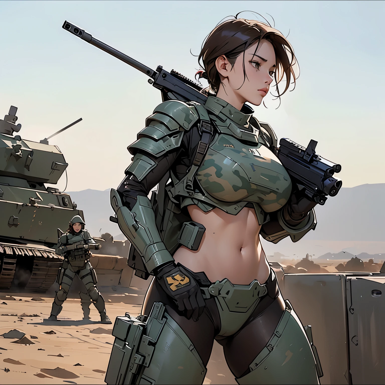 Beautiful alluring scifi soldier woman, wet oily sweaty dirty Skin, wearing skimpy scifi metal armor with camo patterns, carrying a toolcase on a belt at her waist, topless, in front of a tank on a battlefield, toned muscels, abs, Bare Skin, Athletic Well Toned Body, Elegant Form, dieselpunk, Beautiful D&D Character Portrait, Fiverr Dnd Character, Octane Render, Digital Art, Extreme Detail, 4k, Ultra Hd, Polished, Beautiful, Hyperdetailed, Intricate, Elaborate, Meticulous, Photorealistic, Sharp Focus, Wlop, Character Design, Unreal Engine, 3d Rendered, Volumetric Lighting, Reflections, Glossy, Digital Illustration,Sensual Pose, Suggestive Pose, Full Body Shot, Lewd, beautiful perky breasts, visible breasts, anatomically correct ,💖❤💕💋❣,