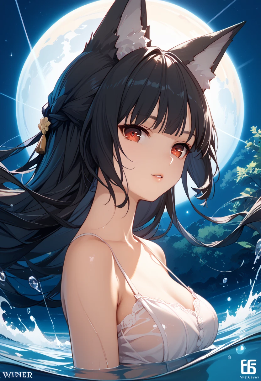 Black Hair Girl、Braid、Upper body naked、Cute girl、Blushing、A night when the moon shines brightly｟naked, Cover your chest with your arms、Lake of the moonlit night、The girl is in water up to her waist、Cleavage、Beautiful in the moonlight、Girl's skin｠