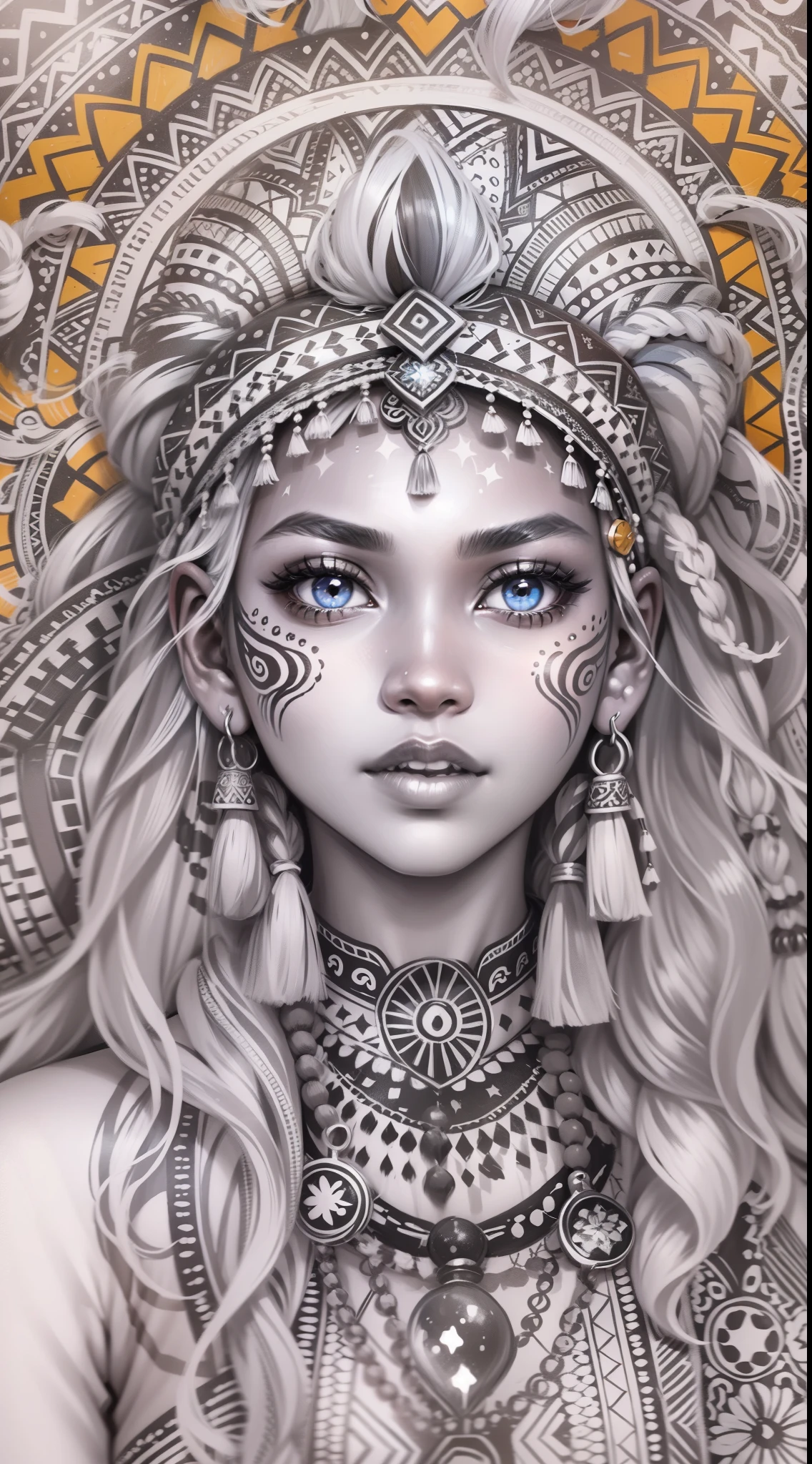 Coloring book pages, Black and White, 32K, Full body view, Very beautiful tribal brown skinned girl, Extremely detailed painting on her face and body 、Brightly colored painting , Stunning bright eyes , Gorgeous white hair,With highlights, Magical starry sky background