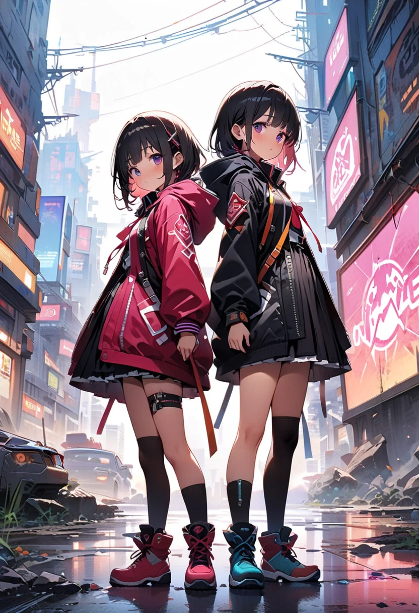  2 Girls,((( top quality、masterpiece、 Official Art、 best dynamic composition standing back to back、 more details)))、The best dynamic composition of the anime Puella Magical Girl 、 cyberpunk、hooded cloak 、 idol clothes、 cyberpunk、 Long Boots 、 near future city、Stand back to back