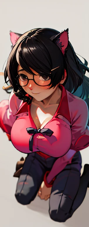 Hanekawa Wings      、Glass   、                  black hairの三つ編み、         black hair,                   brown eyes  , Round face), Big Breasts , With ribbon, (blush your nose, mischief,                   Eyes half open             ,  From the knees), [                                    full body shot                     ]、、((        masterpiece        )), ((   Top Quality)), (                  very detailed            ), ((          cute)),           cute, ( Nice), ((                  very detailed)), 4K, (8k),    Top Quality、There are no feathers growing on the back、