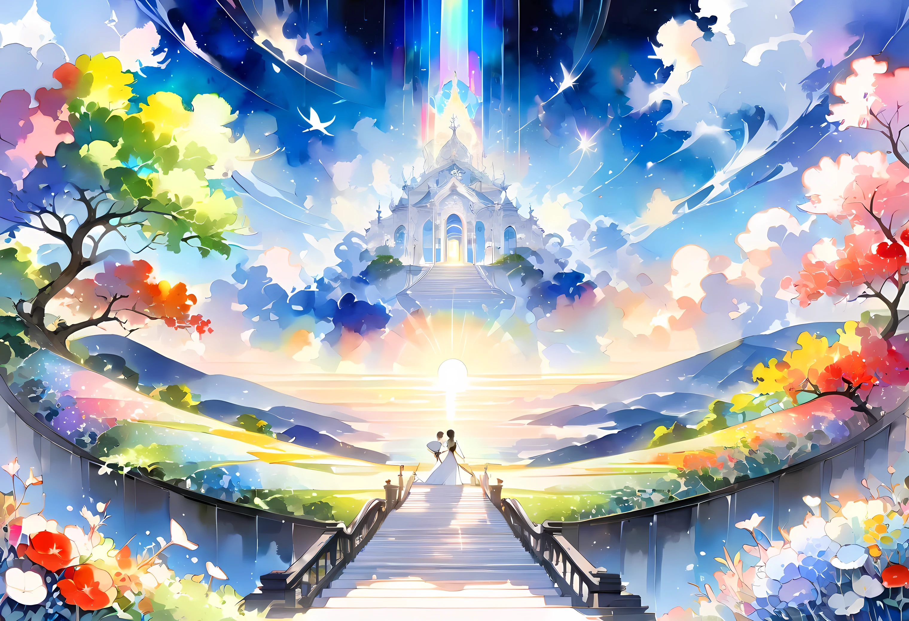 (((An elaborate watercolor painting depicting a beautiful landscape of black and white stairs rising from paradise to the sky))),(((Unconditional Love))),(( top quality ,masterpiece:1.5)),(( sacred)),((Dazzling light)),( large colorful photons :1.5),( pearl white ),(Perfect Anatomy),( Ultra High Quality ),( detailed background),(Artwork),(Great harmony ),(The 々 creatures you depict are beautiful),Desaturated:1.1, Rich Color Palette ,Beautiful and fantastic lighting, anime style,truth,joy,thank you,comfortable,fair,Elegance,Polite , true strength , full of vitality ,altruism,Beautiful,clean, soft,Here and now , Forget Time ,Unadorned ,fun,continuation