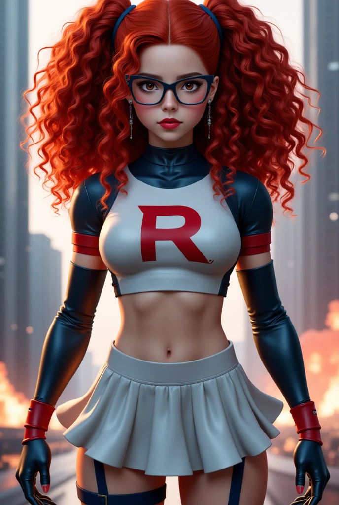 valientex2, glasses, long curly hair, red hair, (low ponytails:1.5), BREAK glasses, rocket team,rocket team uniform,white skirt,[red letter R,Crop top,Black thigh high stockings,Black elbow gloves, REST looking at the spectator, BREAK (masterpiece:1.2), The best quality, High resolution, Unity 8k wallpaper, (Illustration:0.8), (beautiful detailed eyes:1.6), Extremely detailed face, perfect lighting, Extremely detailed CG, (perfect hands, Perfect ),