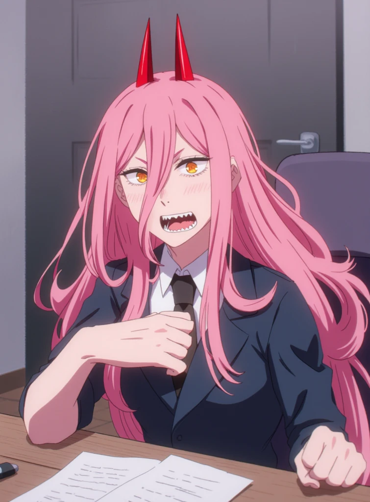 character art of power, power long pink hair girl with two red horns, power wincing flinching holding pen, power writing and wincing, facial expressions, loish art style, loish art, power chainsaw man