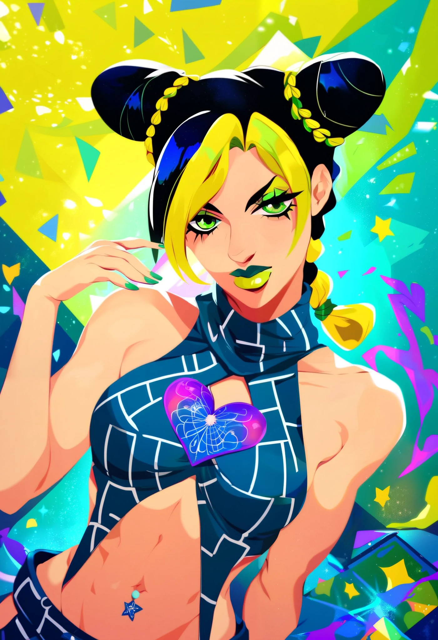 JolyneKuujou, kuujou_jolyne, double_bun, 1girl, multicolored_hair, two-tone_hair, lipstick, braid, makeup, black_hair, blonde_hair, green_lipstick, halter_top, green_eyes, halterneck, navel_piercing, nail_polish, midriff, solo, navel, string, ((masterpiece)), best quality, high detailed illustration, high detailed background, hi-res