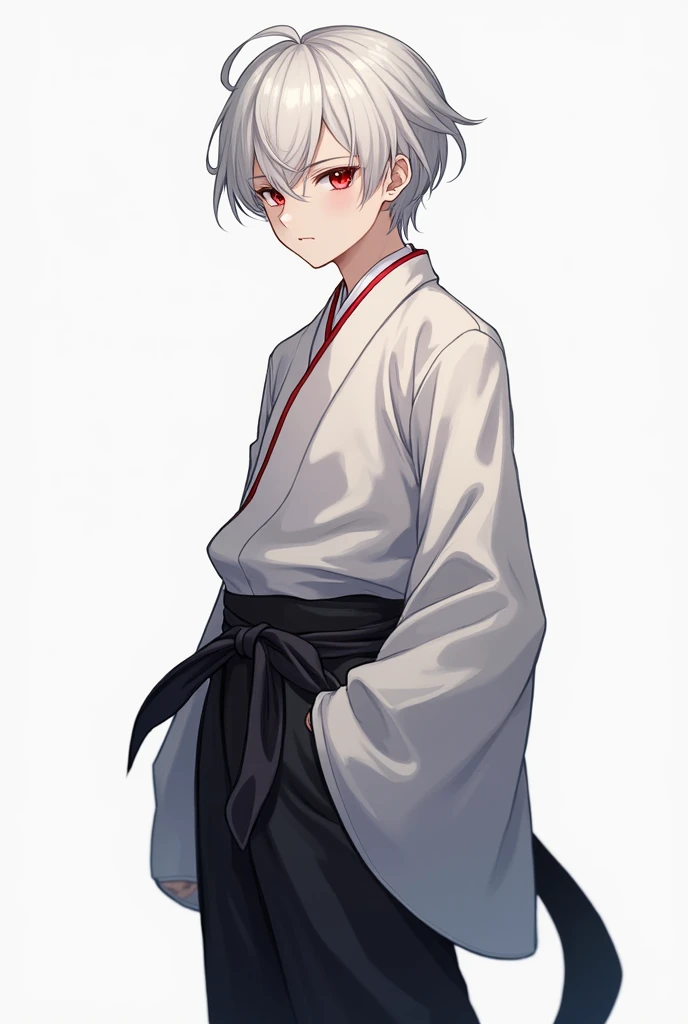 Full body boy with light muscles wearing a kimono pants and black ribbon and the others white white skin, red eyes with serious eyes and short white anime hair