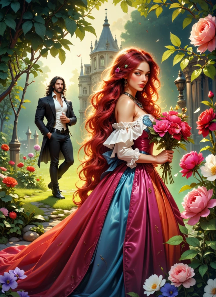  Glossing full-waist Full-body digital realistic illustration . A beautiful 18-year-old flirting woman in a contrasting bright colorful organza and satin satin dress with SHINY STRAIGHT red hair is standing on the grass, holding flowers in his hands.  A handsome massive BRUTAL SEXY man with long black hair looks at her, in a white shirt ,pants and boots , he holds flowers in his hand.  Victorian garden with peonies , england pemberly-manor-palace .  Sunlight illuminates every blade of grass ,leaf, flower. BRIGHT,textural, three-dimensional , bright rich complementary colors .  flowing hair .textural.  correct anatomy proportions .right hands .  Model beautiful faces . The overall color palette is creating a vivid and haunting visual experience. The illustration is rich in detail, with textures that mimic real fabric and stone, enhancing the realism of the scene.