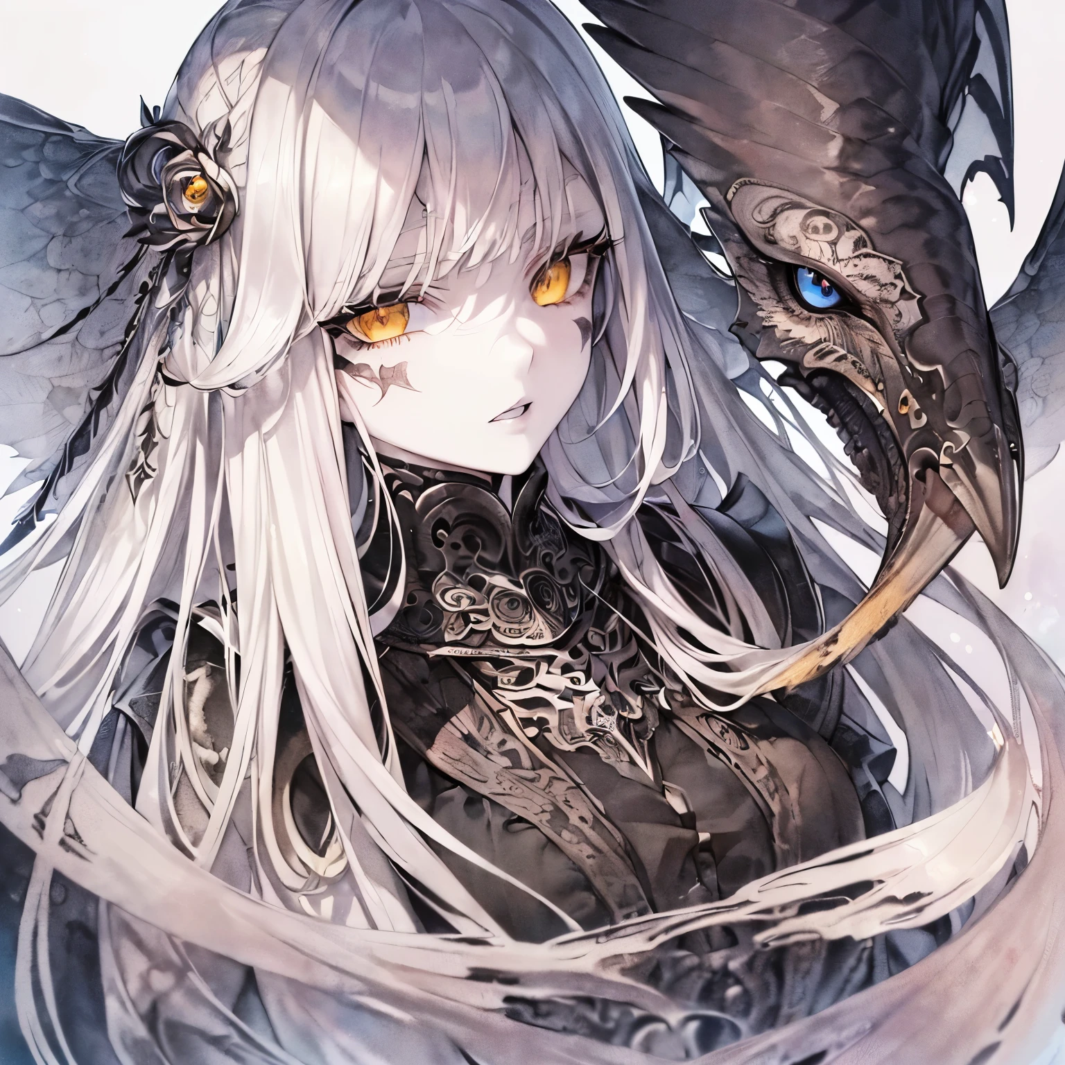 ((best quality)),((extremely_detailed_eyes_and_face)),((((ink)))),((illustration)),((extremely detailed)),((watercolor)),((anime face)),(((pale skin))),(((dramatic_angle))),(8k_wallpaper),((masterpiece)),
((((1girl)))),((silver_long_hair)),((bright_yellow_eyes)),(detailed_beautiful_sky),(crow feathers),(detailed_armor)