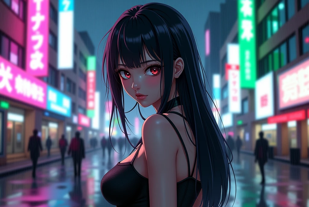 An anime character: Asian woman with red eyes. Her hair is black and long with bangs. She is wearing a black wedding dress. Ao fundo, a cyberpunk setting full of neons.