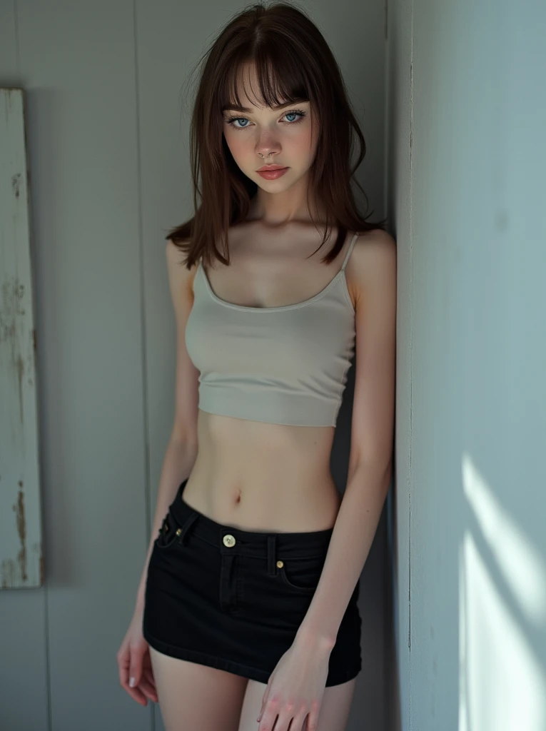 A (((full-body))) picture of an ethereally beautiful 1 girl. She has youthful caucasian features and ((very pale white skin)). Her eyes are a striking blue, and she is wearing ((heavy black eye makeup)). She has a very slim body and small round breasts. She is wearing a tight white crop top, a very short black miniskirt, and black boots. She is sitting in a provocative pose that shows off her legs, and her (((whole body from head to toe))) is shown in the photo.