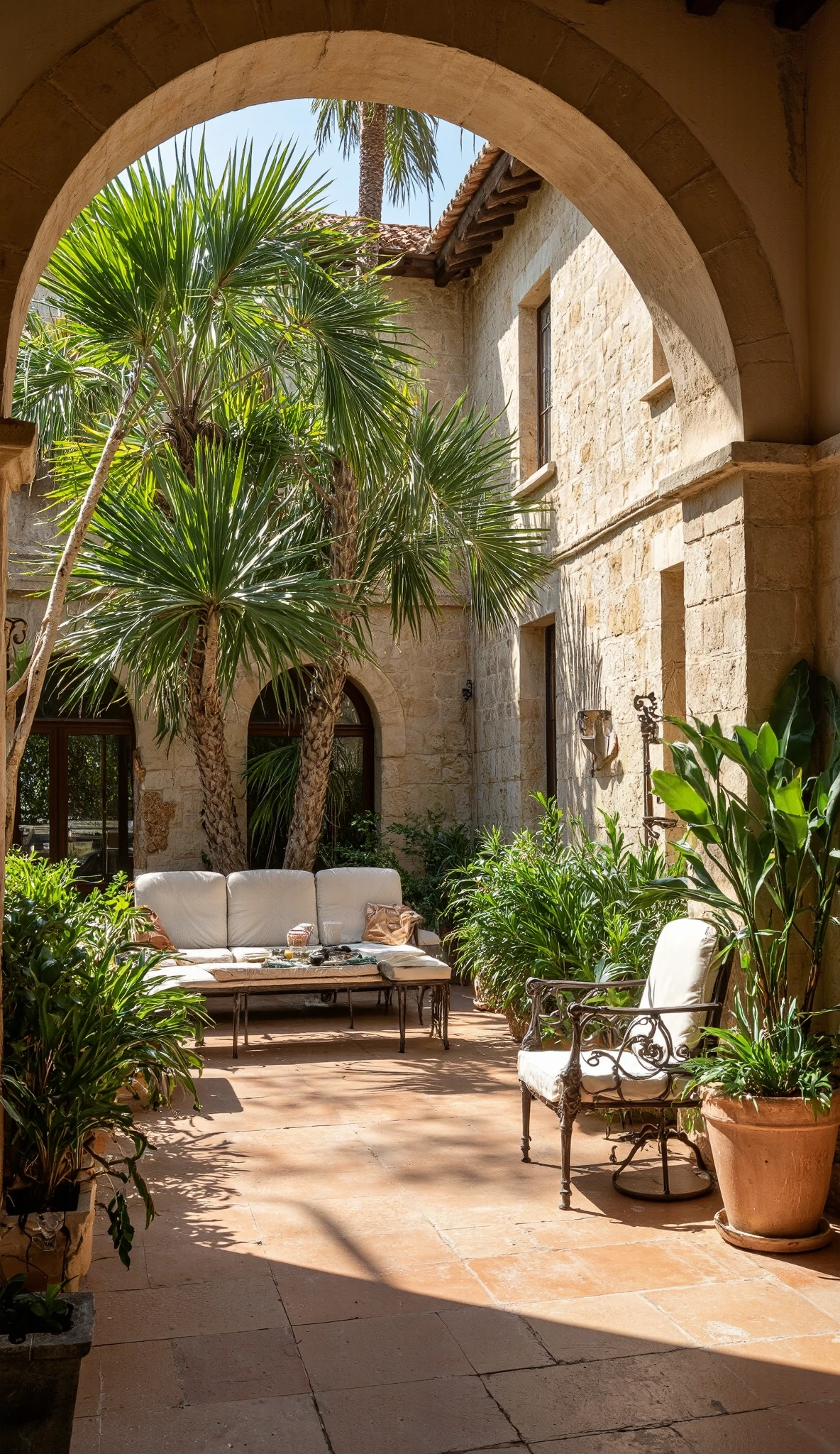 photo of a gorgeous sunlit indoor patio of a spanish finca, mallorca, tropical, palmtrees, summertime, soft natural beige and olive green colors