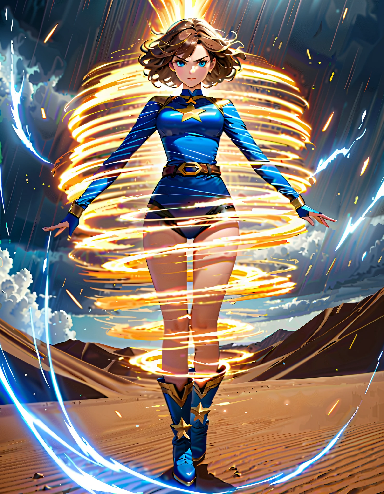 1girl, superhero, blue choker, blue eyes, blue footwear, blue gloves, boots, leotard, midriff, long sleeves, medium breasts, brown hair, knee boots, short hair, bob hair, solo, determined, full body, desert backdrop, sandstorm, college-age female. raised arms. She spins at an incredible speed, creating a whirlwind of air around her. She rotates her body in place at super speed. She spins fast in place like a tornado. Cyclone spinning. Rapid gyration. Tornado winds around her. She super-spins. Spiral lines around her body.