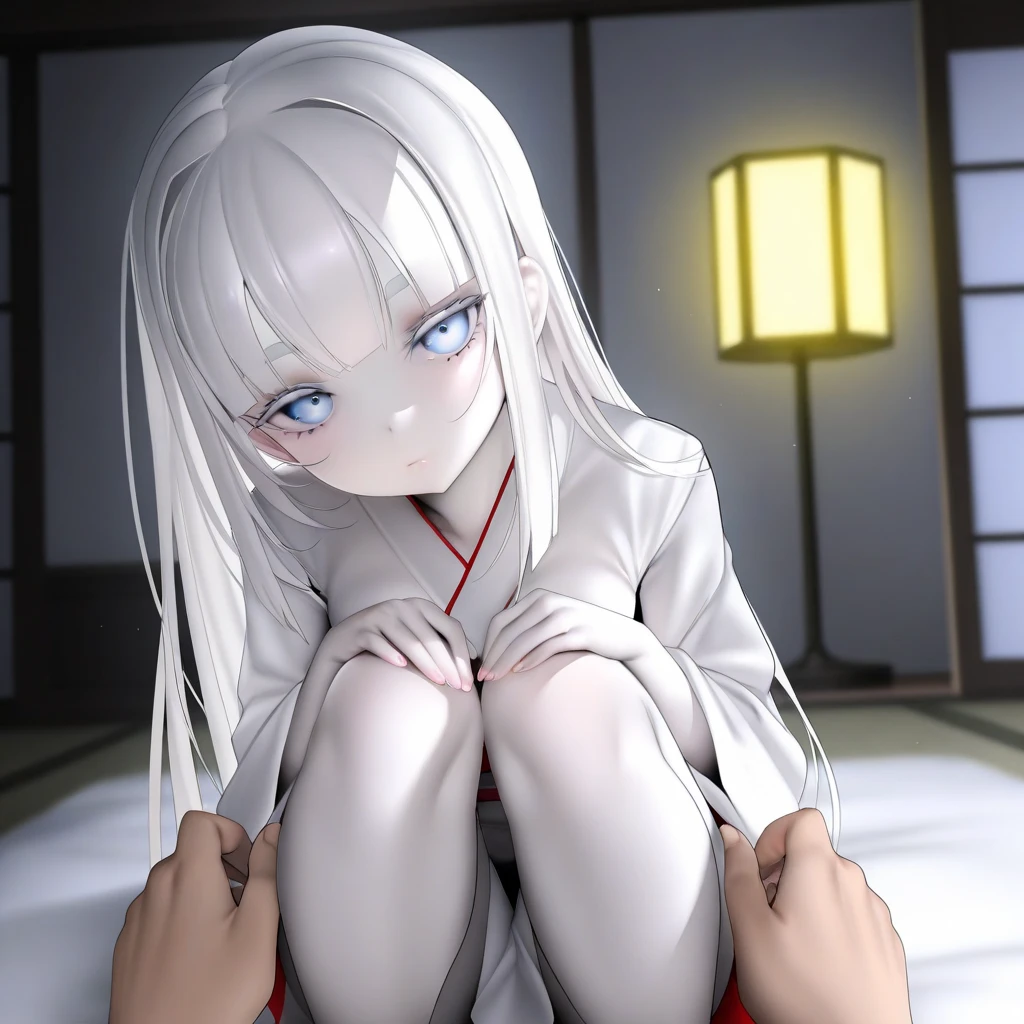 kaede (sayappa); pefect hands; 1girl; albino; very white skin; very pale skin; very thin girl; ite girl; very small breasts; white hair; straight hair; long hair; hime cut; white eyebrows; light blue eyes; emotionless; short kimono; futon; traditional Japanese bedroom; on knees; short; pov; watching at viewer; night; evening; yellow light