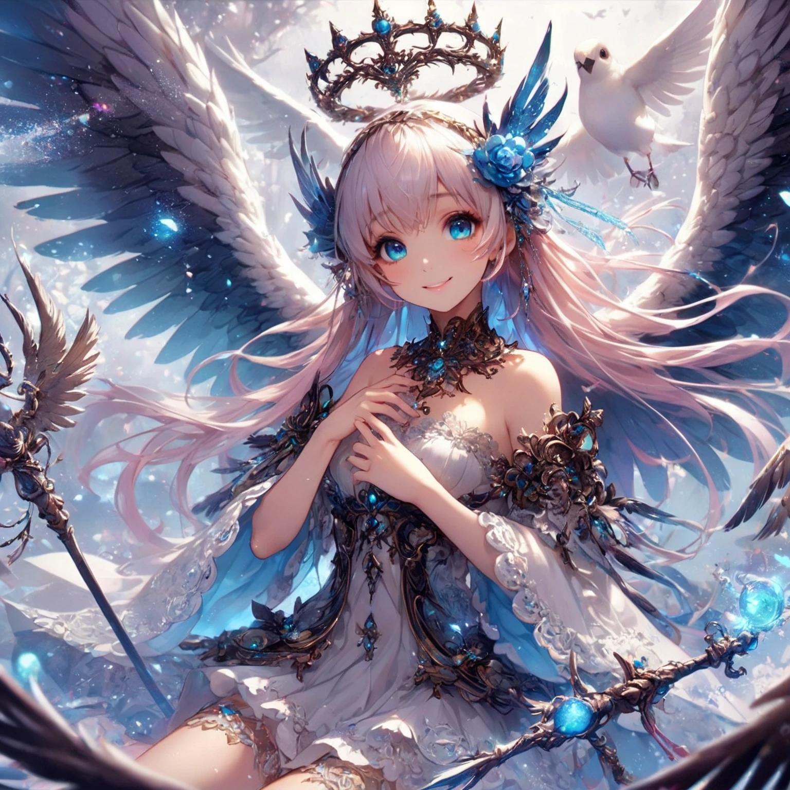 masterpiece, (textured skin), best quality, gorgeous beautiful girl, (a angel), detailed clothes,large breasts,narrow waist,, (beautiful face), cinematic lighting, (fantasy anime art ),