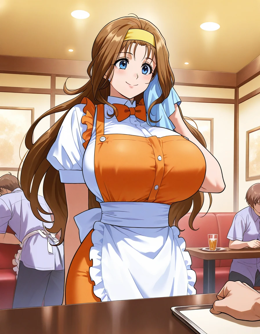  general , high resolution,  ultra detail, VERY ESTHETIC , top quality ,best hands,  break Kokubo_Reika _,  brown hair,  long hair,  blue eyes, huge breasts,  One Girl , Alone,  hair band ,  waitress , bow, smile,   orange apron, break,
  restaurant , room,  happy ,Wiping the table、Focus on the butt 、 taken from behind