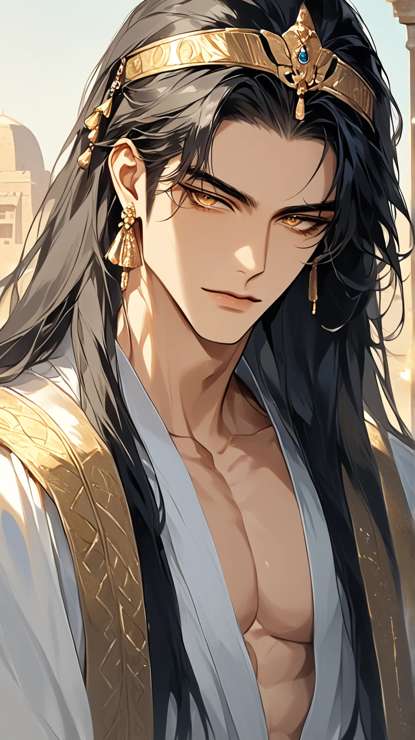 (score_9, score_8_up), long hair, masterpiece, best quality, 1 man , black-Silver hair , perfect face , gold eye , handsome male , Alone, adult male , delicate line drawingimpasto, masterpiece, high resolution, Top quality, unique , 1 male , nice , tanned skin , black haired, a sultan, Egypt, open clothes