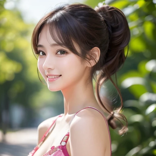masutepiece, Best Quality, Illustration, Ultra-detailed, finely detail, hight resolution, 8K Wallpaper, Perfect dynamic composition, Beautiful detailed eyes, Women's Fashion Summer,Ponytail Hair,Small breasts natural color lip, Bold sexy poses,Smile,Harajuku、20 years girl、Cute、Sexy shot looking at camera
