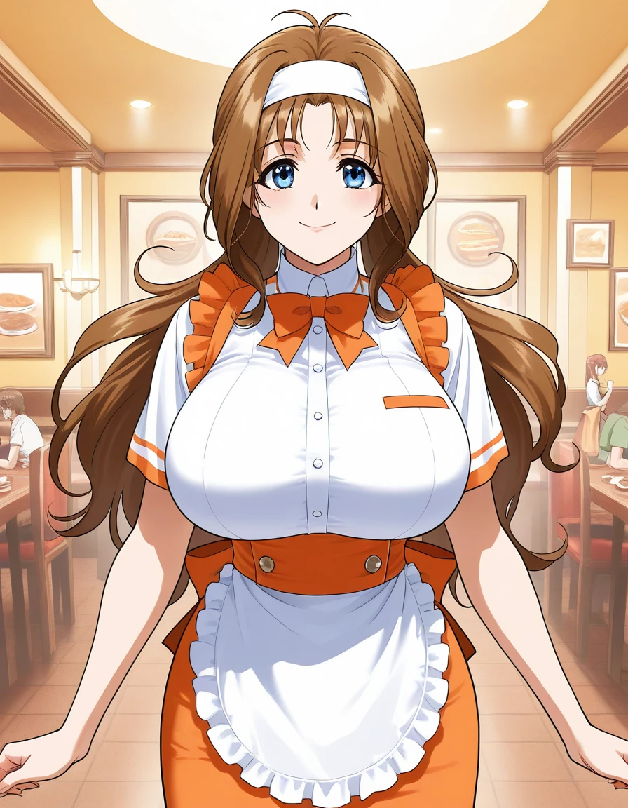  general , high resolution,  ultra detail, VERY ESTHETIC , top quality ,best hands,  break Kokubo_Reika _,  brown hair,  long hair,  blue eyes, huge breasts,  One Girl , Alone,  hair band ,  waitress , bow, smile,   orange apron, break,
  restaurant , room,  happy , restaurant のテーブルを布巾で拭いている、Focus on the butt 、 taken from behind